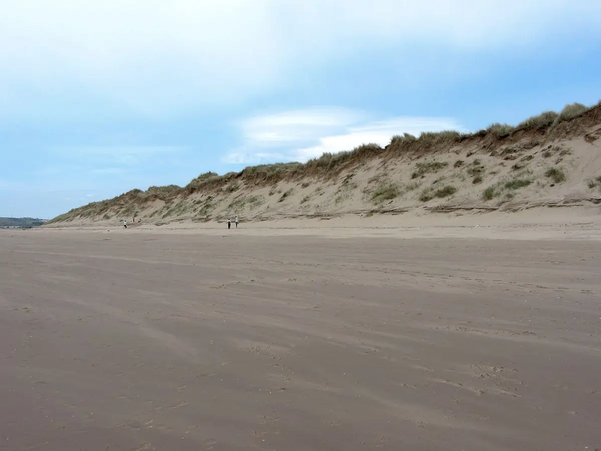 Marram-grass dunes above the wide beach at Aberavon